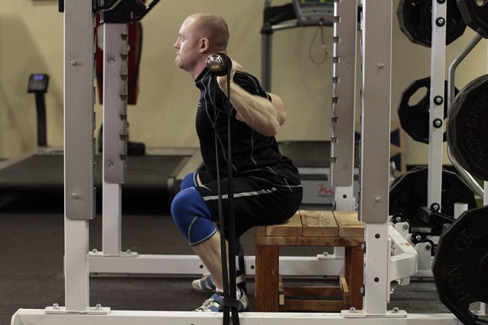 Box Squat with Bands اسکوات با وزن بدن روی جعبه همراه با بند
